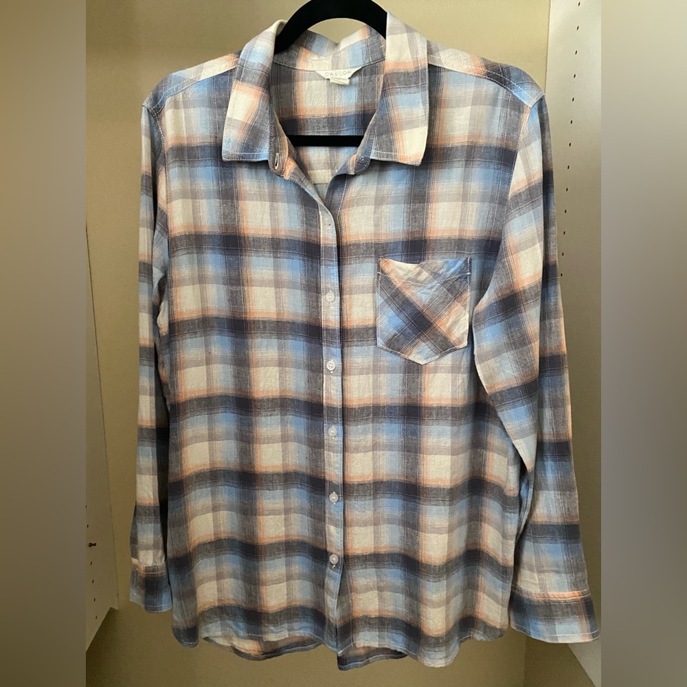 CASLON Blue & Pink Plaid Linen Shirt M